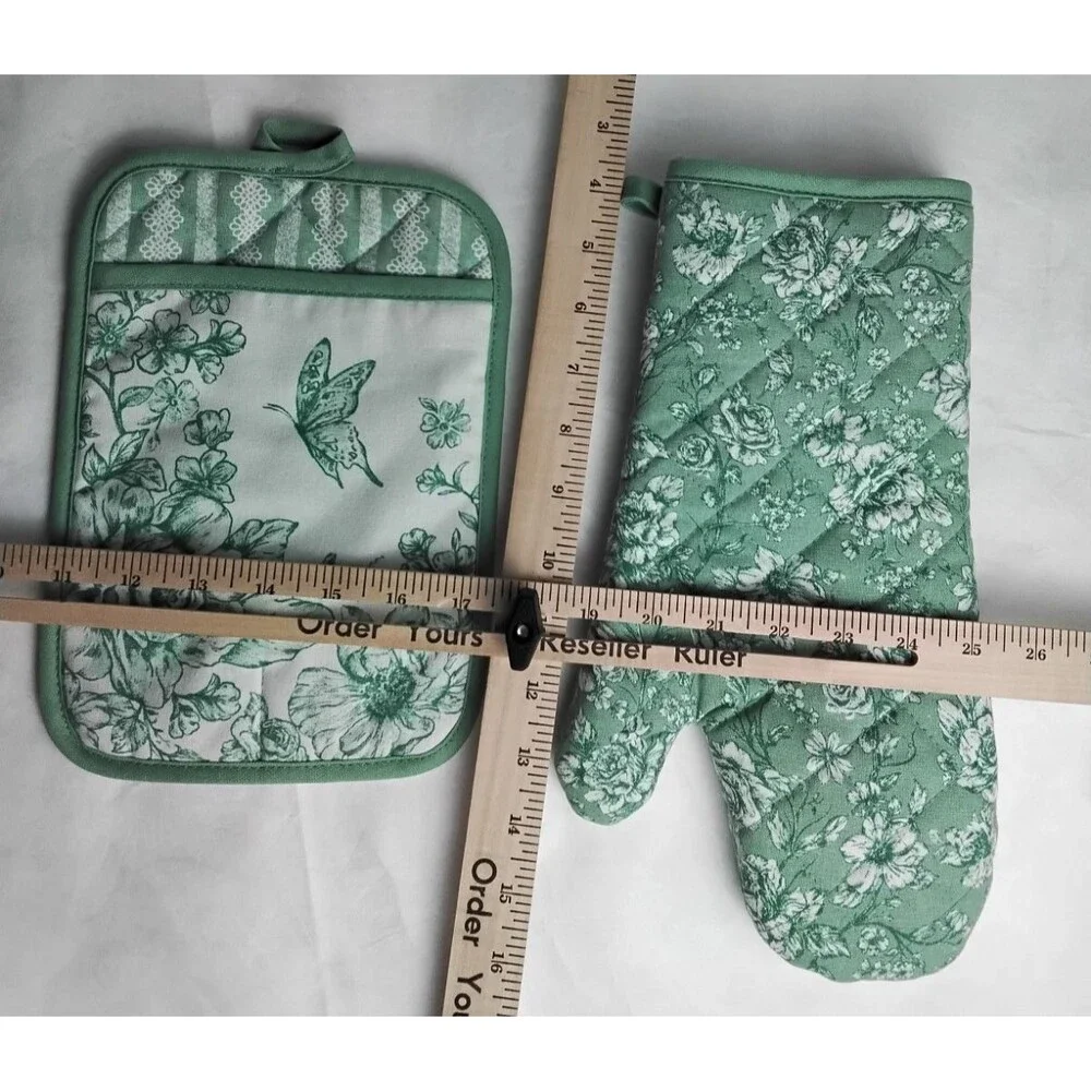 Pioneer Woman Agatha Oven Mitt & Pot Holder 2pc Set Floral Green 7
